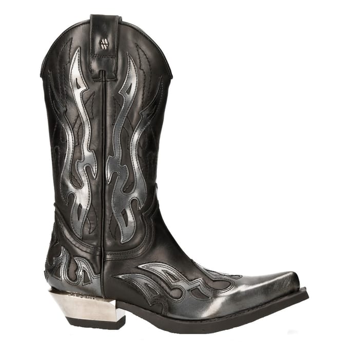 New Rock Flame geaccentueerde zwart/zilver lederen biker cowboylaarzen - M-7921-S3