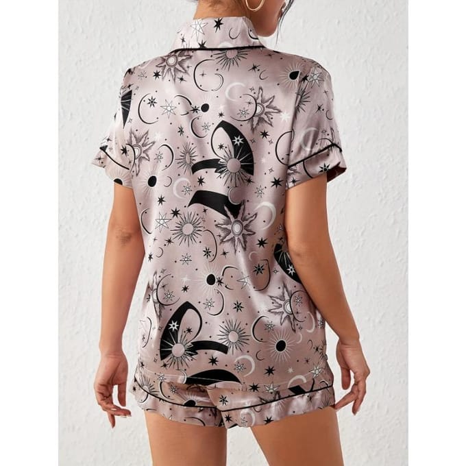 Print Satin Pyjamaset Casual Korte Mouwen Knopen Revers Top & Elastische Short Dames Nachtkleding M gray