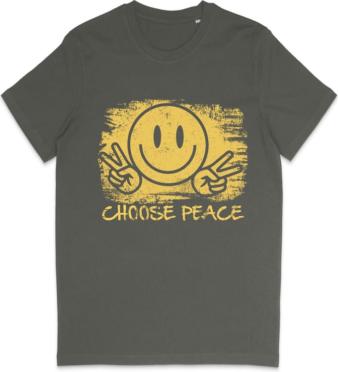 T Shirt Dames Heren Unisex - Choose Peace Smiley - Khaki Groen - S