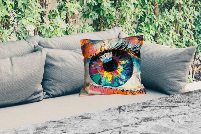 Buitenkussen - Schilderij - Olieverf - Oog - Kleuren - 45x45 cm - Weerbestendig