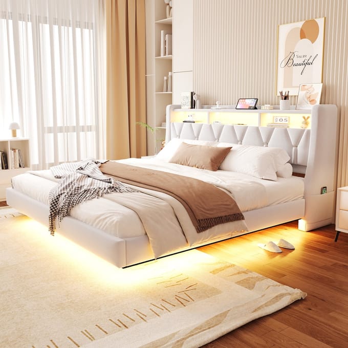 MODFU Bedframe 180x200 cm – Fluweel met opklapbaar hoofdbord & LED – Beige