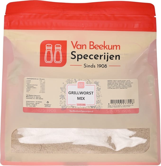 Van Beekum Specerijen - Grillworst Mix - 1 KG (hersluitbare stazak)