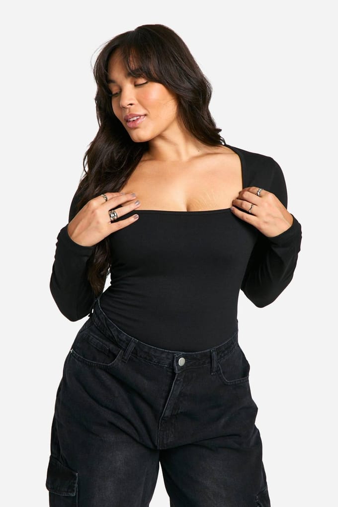 Dames Boohoo Basics Plus Cotton Bodysuit met vierkante hals en lange mouwen | Zwart | Maat: 48