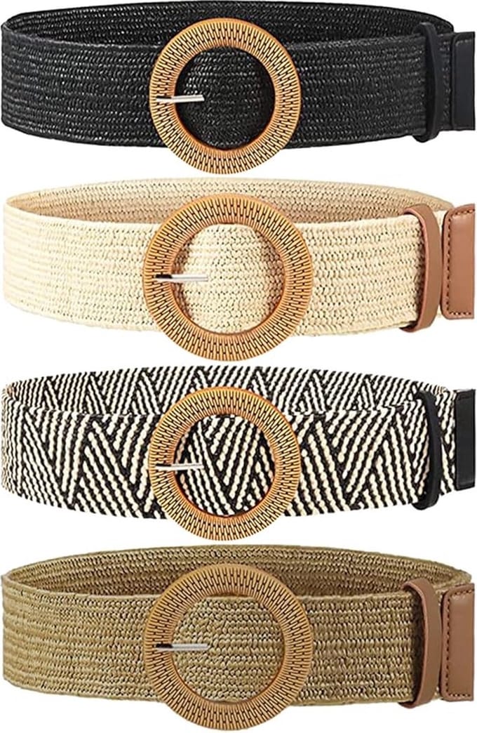 Set van 4 elastische stretchriemen van stro, dames boho taille gevlochten bodycon jurkriem - brede geweven riem - beige/zwart/bruin/gestreept - geweven boho stroriem