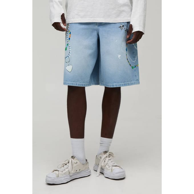 Baggy Denim Shorts Met Verfspetters En Kettingprint Gewassen | Light Blue | Size 32