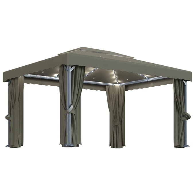 vidaXL - Prieel - met - gordijn - en - LED-lichtslinger - 4x3 - m - taupe
