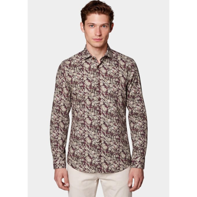 R2 Poplin Overhemd Print Bordeaux - Maat 41 - Heren - Overhemden Formeel