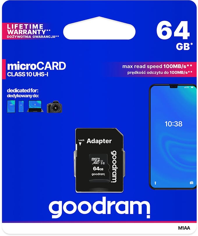 GoodRam microSDXC Geheugenkaart, 64Gb, Klasse 10 / UHS-1 U1, Met Adapter M1AA-0640R12