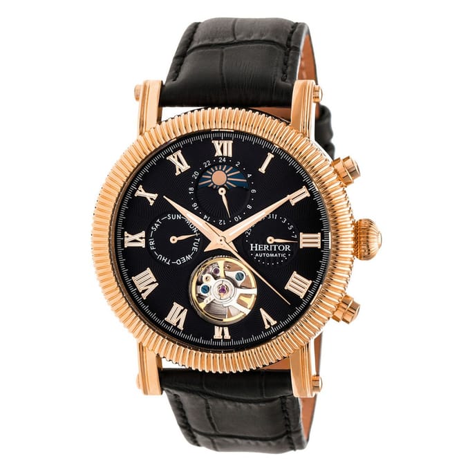 Heritor Automatic Winston Semi-Skelet Horloge met Leren Band - Roségoud/Zwart