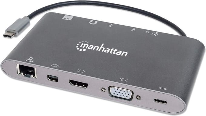 Manhattan USB-C 7-in-1 Docking Station – HDMI, Mini-DP, VGA, Ethernet, PD 60W