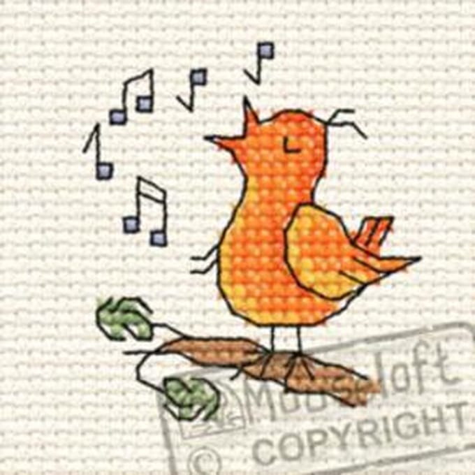 Mini Borduurpakketje ( 6 x 6 cm )  Fluitende Vogel - Mouseloft