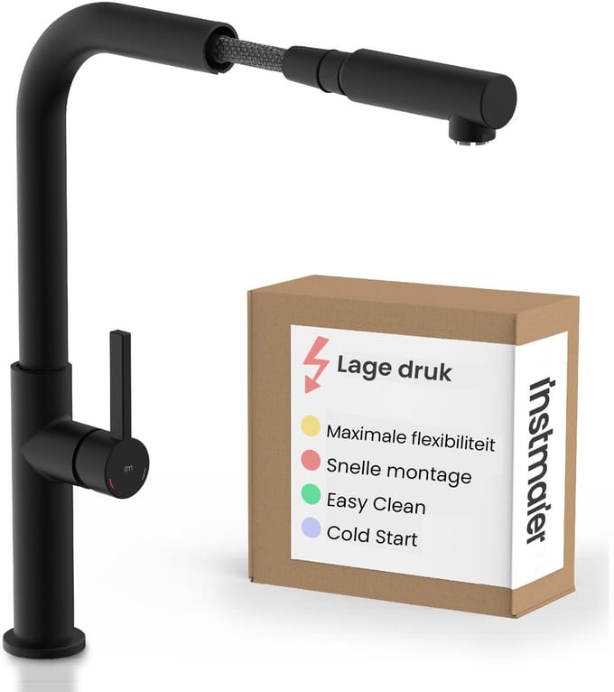 instmaier Cassia - Keukenkraan lage druk - mat zwart - met uittrekbare uitloop