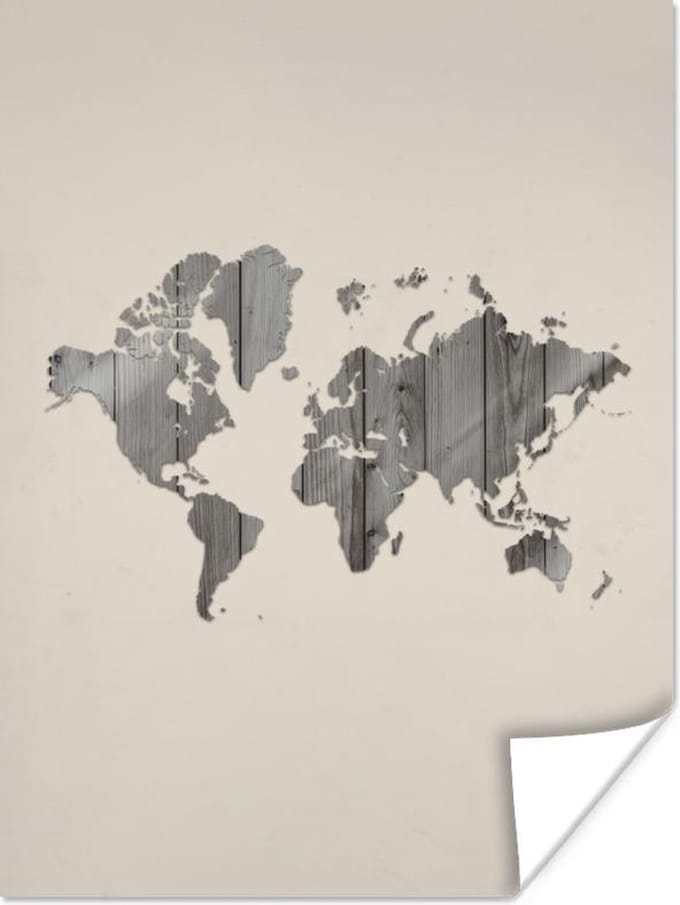 Poster - Wereldkaart - Hout - Plank - 30x40 cm