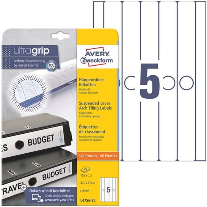 Avery Ordnerrugetiketten, wit, 34,0 x 297,0 mm, permanent klevend
