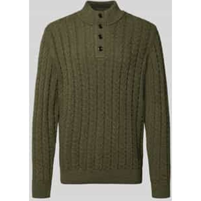 Fynch-Hatton Trui Buttoned Troyer Soft Knit Cable Cotton Wool Blend Donker Khaki / male