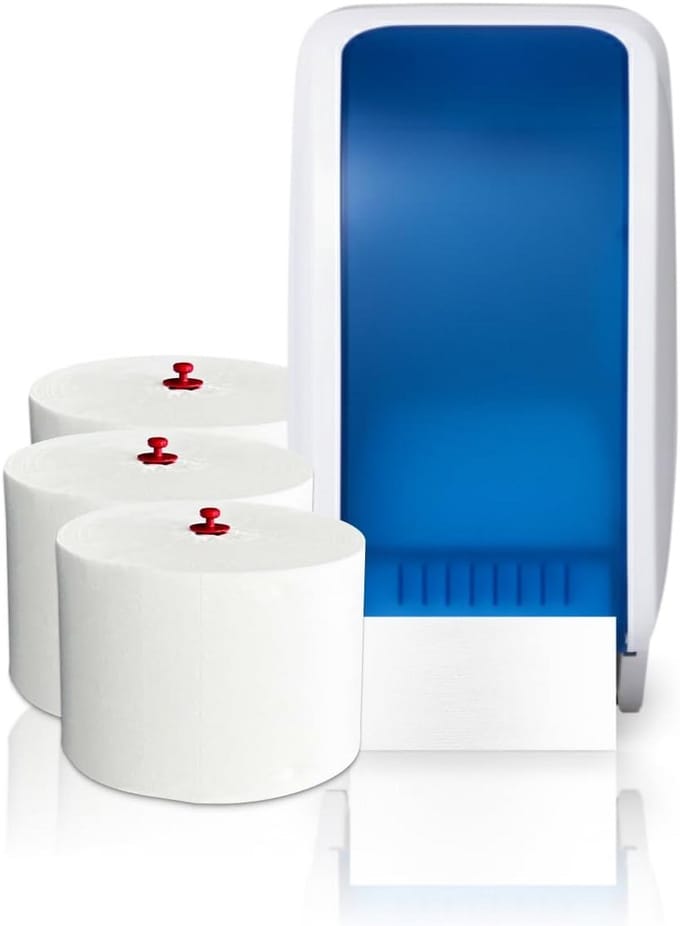 Toiletpapierdispenser - Dubbele Rollenhouder - Efficiënt Papier Gebruik - Restrol Functie - 2 Rollen Capaciteit - Wit/Blauw