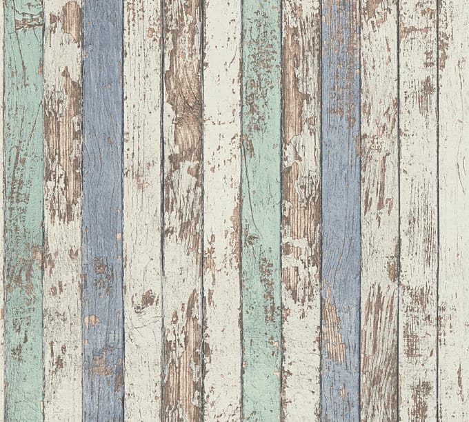 VERWEERDE HOUTEN PLANKEN BEHANG | industrieel - Wit Bruin Blauw - A.S. Création Elements 2