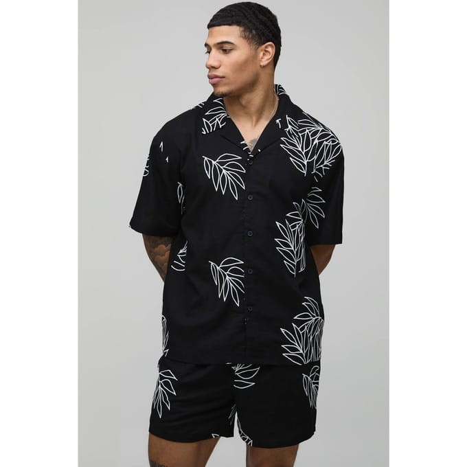 Oversized Linnen Shirt Met Palmboom Borduursel & Relaxed Short Set | Black | Size Small