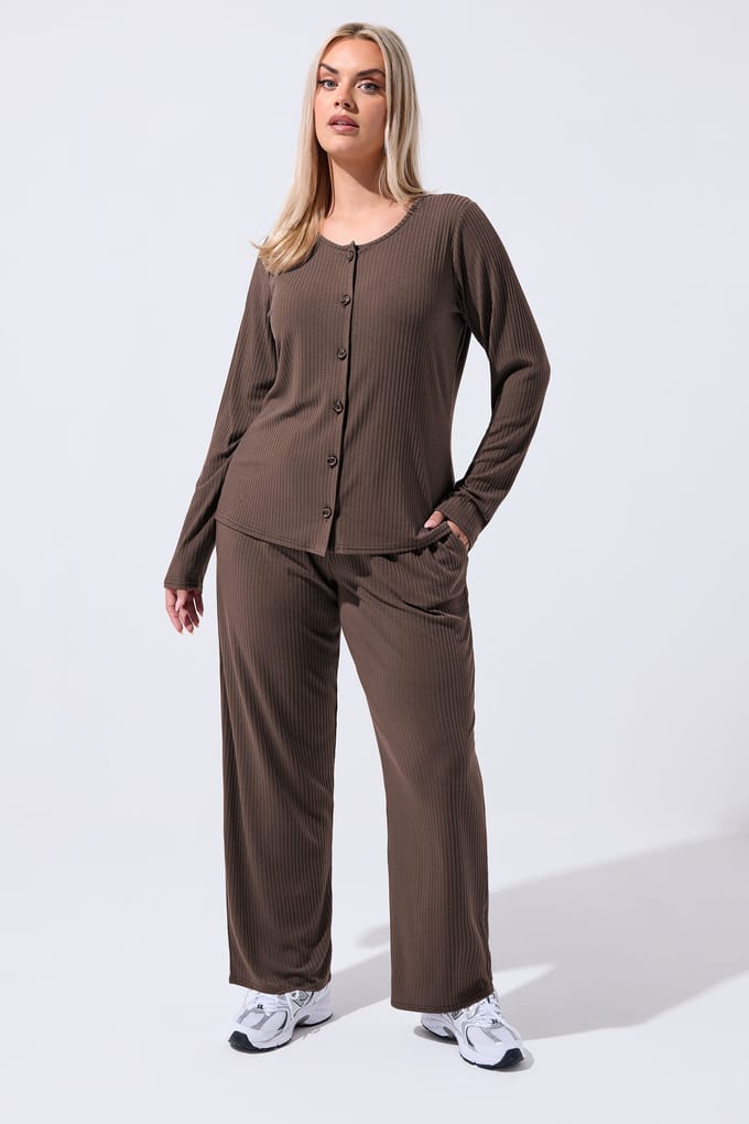 Limited Collection Bruine Geribbelde Top Met Knoopsluiting Size 46