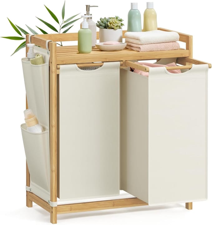 Hoppa! Wasmand - Crème Wit - Bamboe, Oxford-Doek - 63 x 33 x 78 cm (B x D x H)