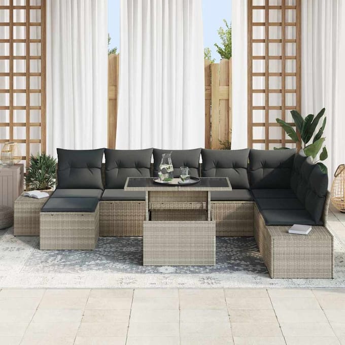 vidaXL Tuinbank Set met kussen met opslag 9 pcs Lichtgrijs poly rattan