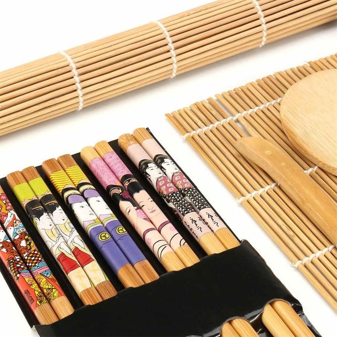 Bamboe Sushi Maker Set Sushi Rolmat Kits Sushi Gordijn Mes Lepel en Eetstokjes Set beige
