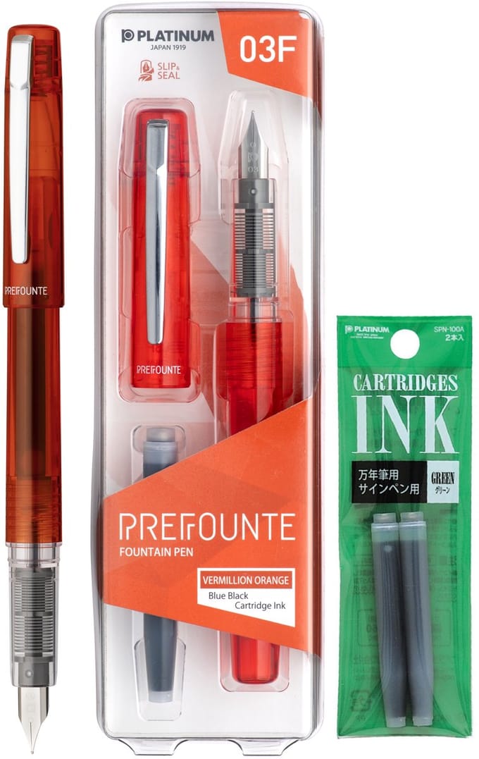 Platinum - Prefounte Vulpen - Medium - Vermillion Orange - Met Groene vullingen