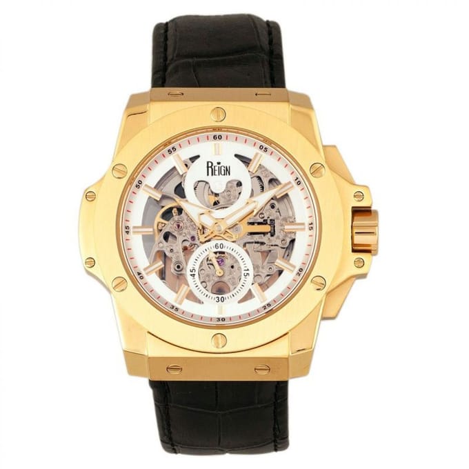Reign Commodus automatisch skelet horloge met leren band