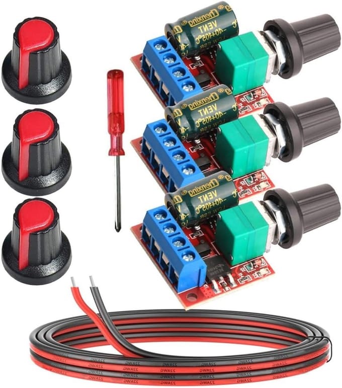 3 Stuks Mini DC Motor PWM Snelheidsregelaar 5A voor 5V-35V, Variabele Spanning Regulator met LED Indicator en Dimmerfunctie