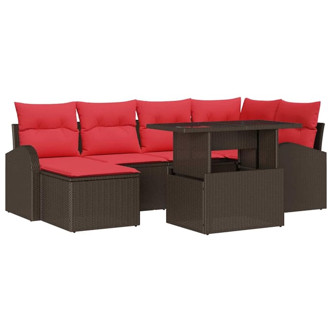 vidaXL - Tuinbank - Set - 7 - st - Bruin - en - Rood - poly - rattan