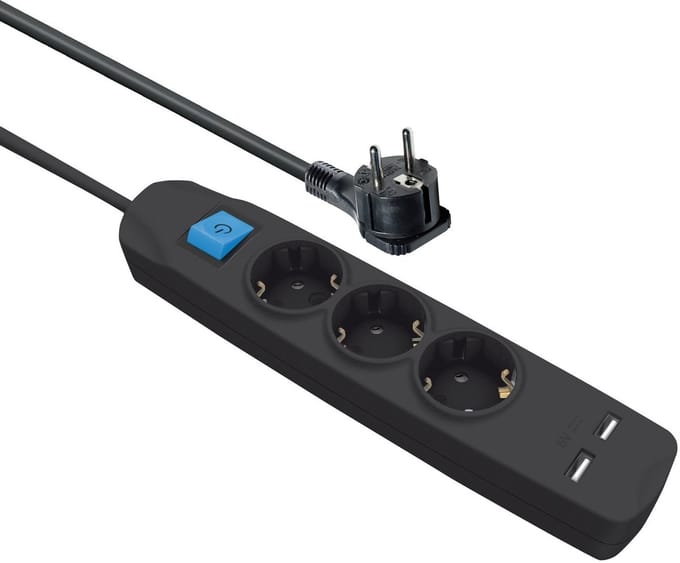 MaxTrack stekkerdoos met 3 contacten en 2x USB / zwart - 5 meter