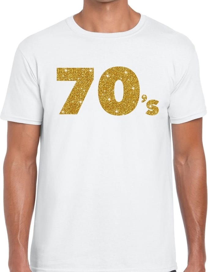 70's goud glitter tekst t-shirt wit heren - Jaren 70 / Seventies kleding L