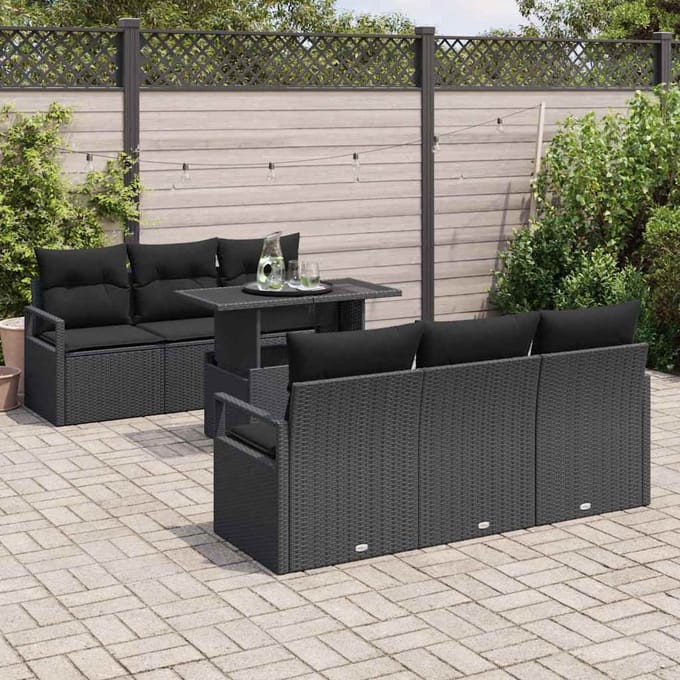 vidaXL Tuinbank Set met kussen met opslag 7 pcs Zwart Poly rattan