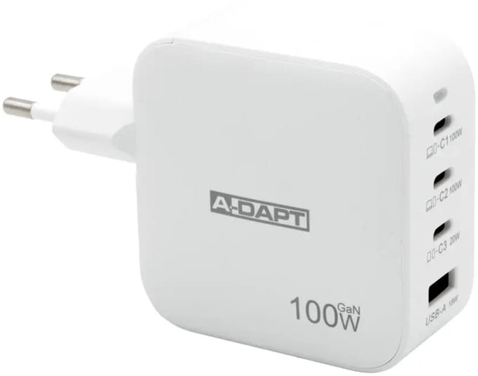 A-DAPT Thuislader - 4 Poorten - 100W - 3x USB-C PD + 1x USB QC 3.0 - Wit