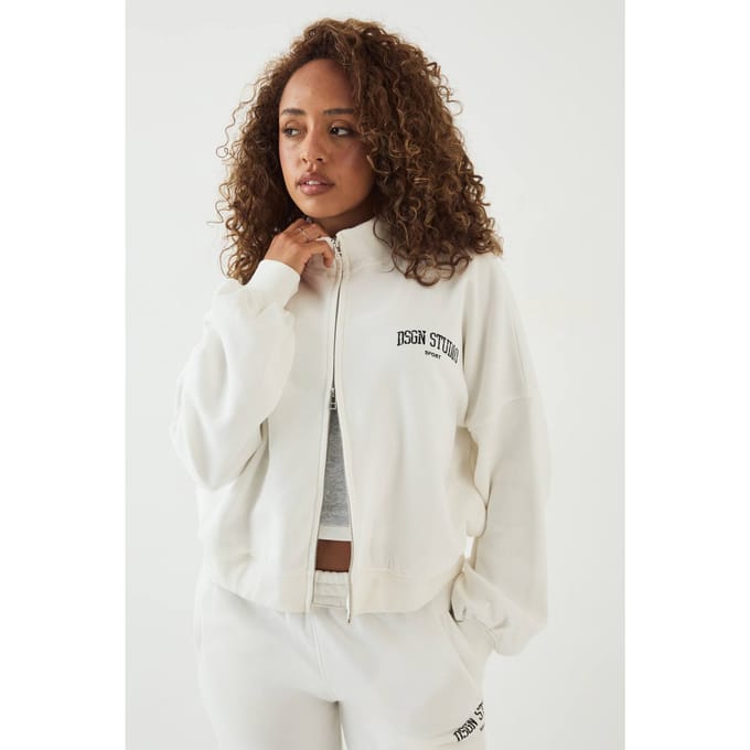 Dames Dsgn Studio Collegiate Bedrukte Bomber Sweatshirt Met Rits En Col | Creme | Maat: 3XL