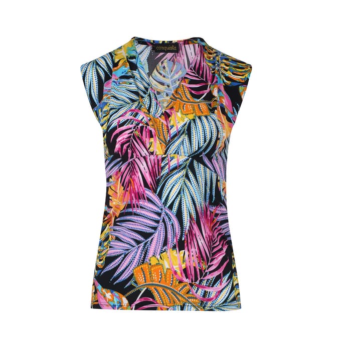 Fuchsia mouwloze imitatie wikkeltop met print van stretchstof