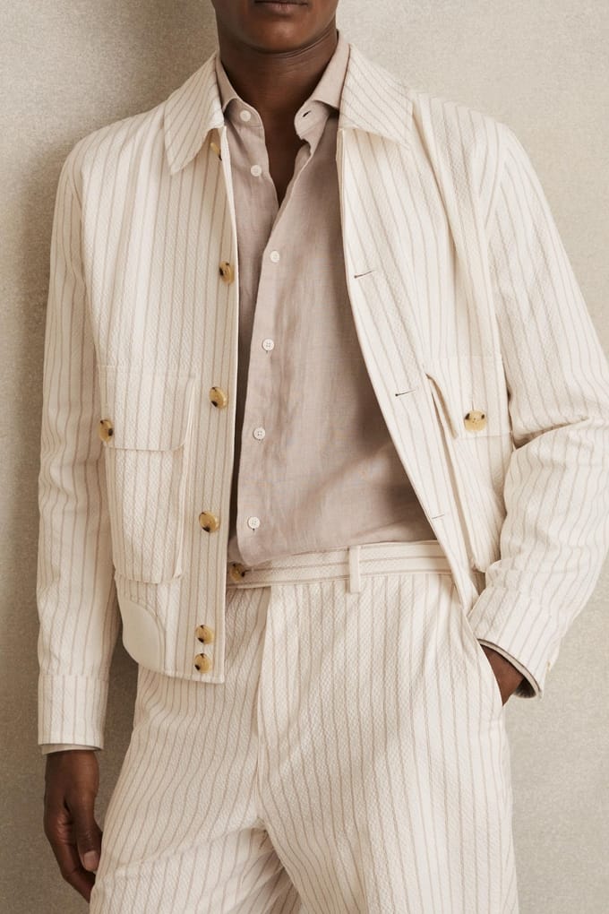 Reiss Ls Stripe Seersucker Harrington Off White/taupe Brown Taglia: M | Bomber Outlet | Uomo | Marrone