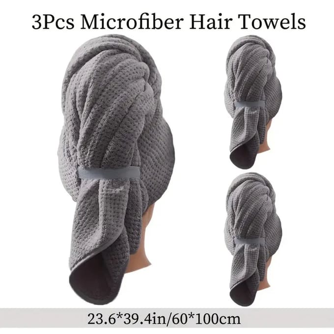 Daity 3-pack superzachte microvezel haarbanden met elastische wikkels - superabsorberende - pluisvrije - snel drogende tulbanden met elastische band 100*60cm(grijs)