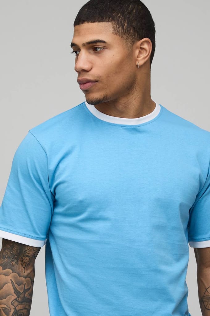 Regular Fit Ringer T-shirt Met Ronde Hals | Blue | Size Medium