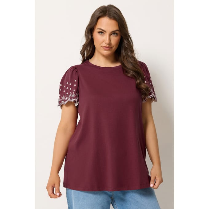 Yours Bordeauxrood Geborduurde Mouwen Tshirt Size 42