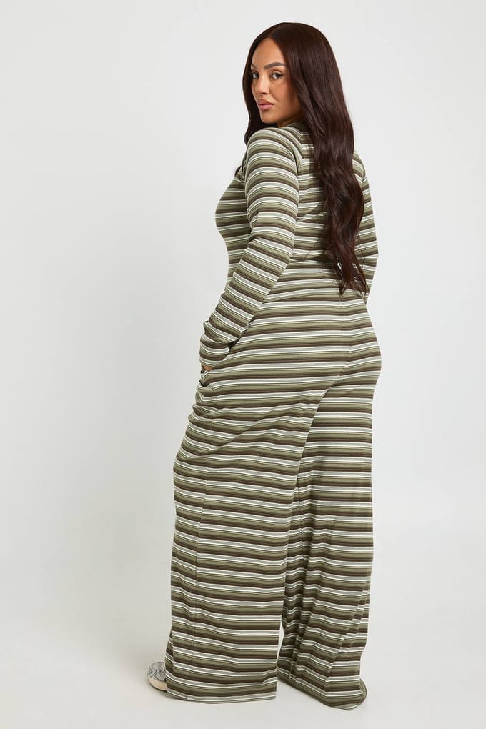 boohoo Dames Plus Gestreepte Wijdpijp Broek | Olijf | Maat: 48