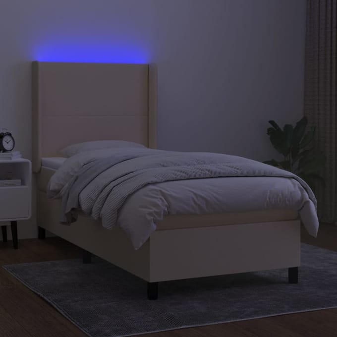 vidaXL - Boxspring - met - matras - en - LED - stof - crèmekleurig - 90x190 - cm