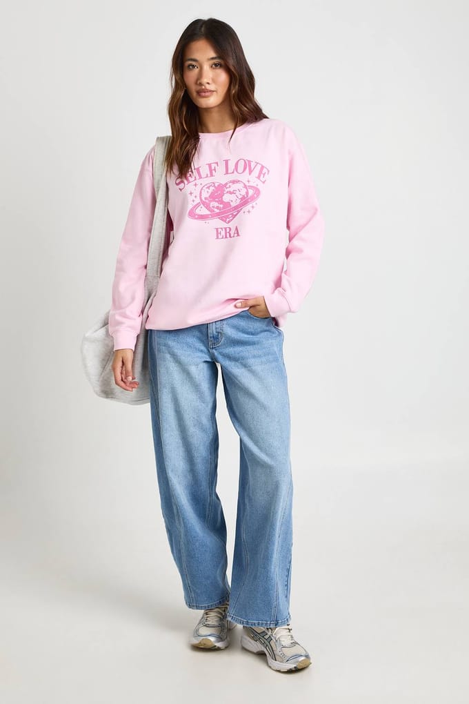 boohoo Dames Bedrukte Oversized Sweatshirt Zelfliefde Tijdperk | Lichtroze | Maat: Small