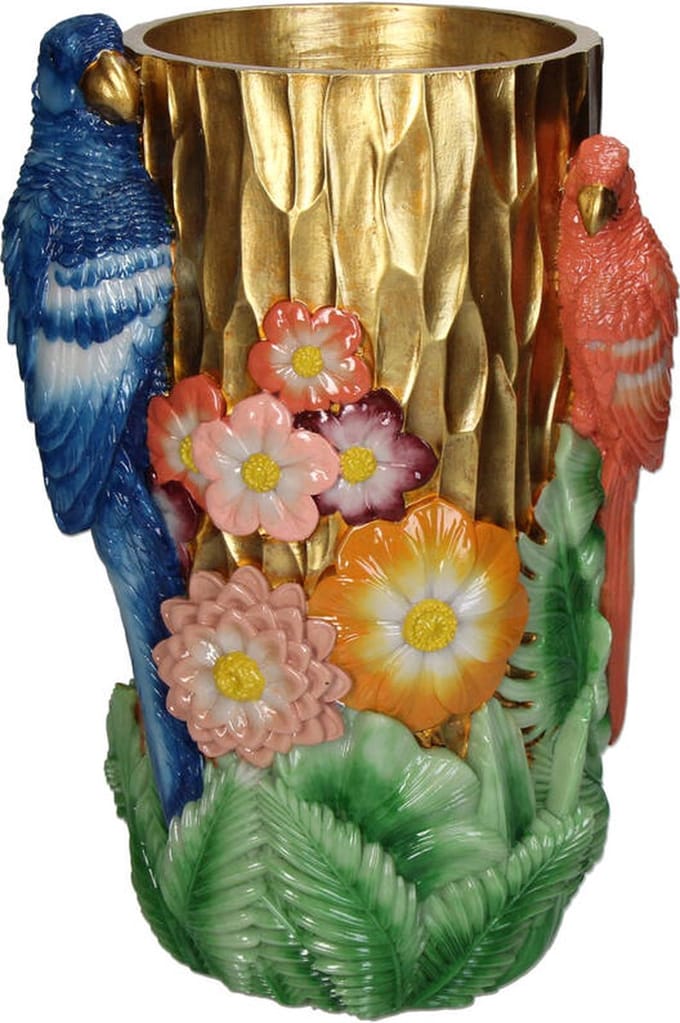 Gouden vaas met gekleurde parkieten 20 x 17 x 30 cm