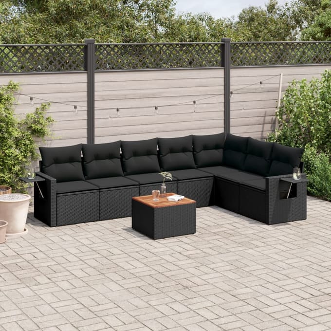 vidaXL - 8-delige - Loungeset - met - kussens - poly - rattan - zwart