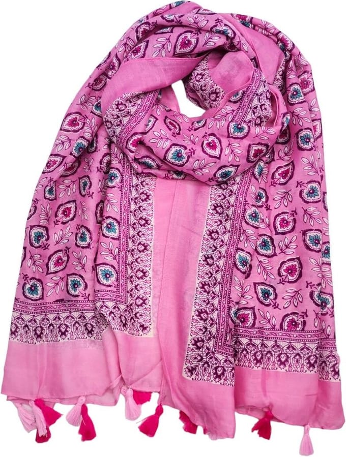 Lange dames sjaal Iris gebloemd motief roze fuchsia wit blauw bordeaux rood