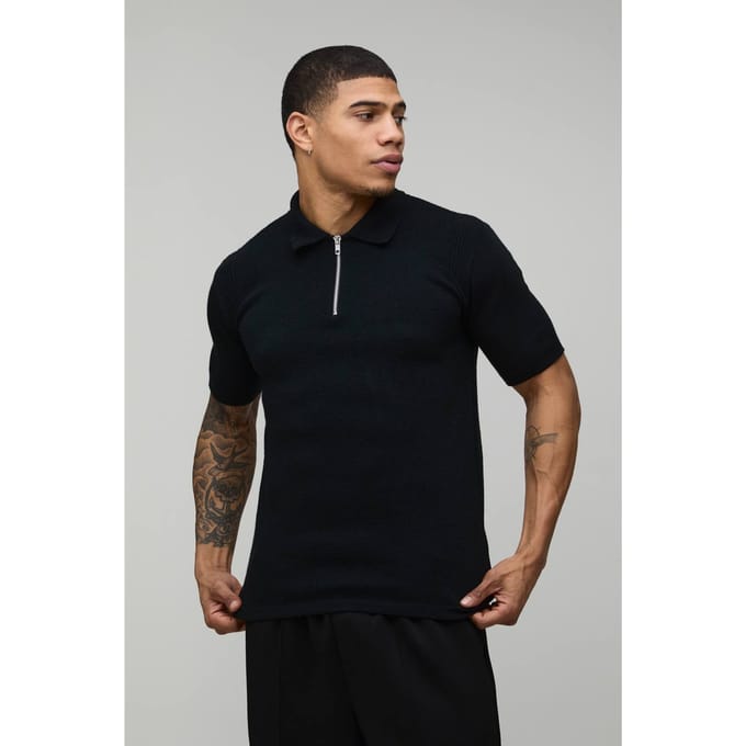 Essential Muscle Fit Soft Touch Knitted Polo T-Shirt | Black | Size Medium