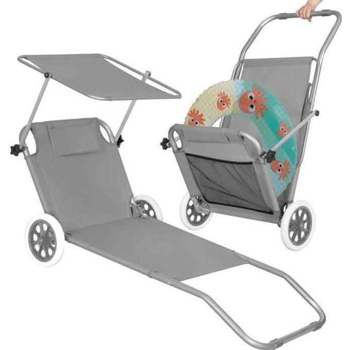 Chaise longue - SPRINGOS - Inclinable - Appui-tête - Roues en caoutchouc - Pare-soleil - Gris gris