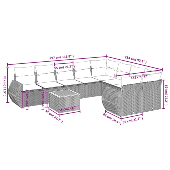 vidaXL - 10-delige - Loungeset - met - kussens - poly - rattan - grijs