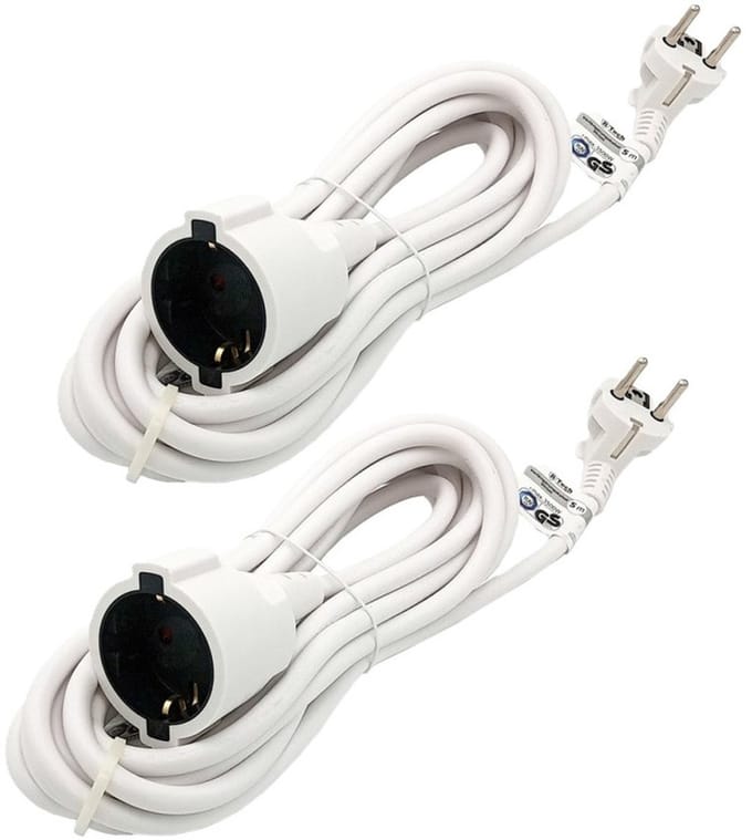 B-Tech Verlengsnoer/verlengkabel - 2x - voor ronde stekkers - wit - 500 cm - Elektra kabels